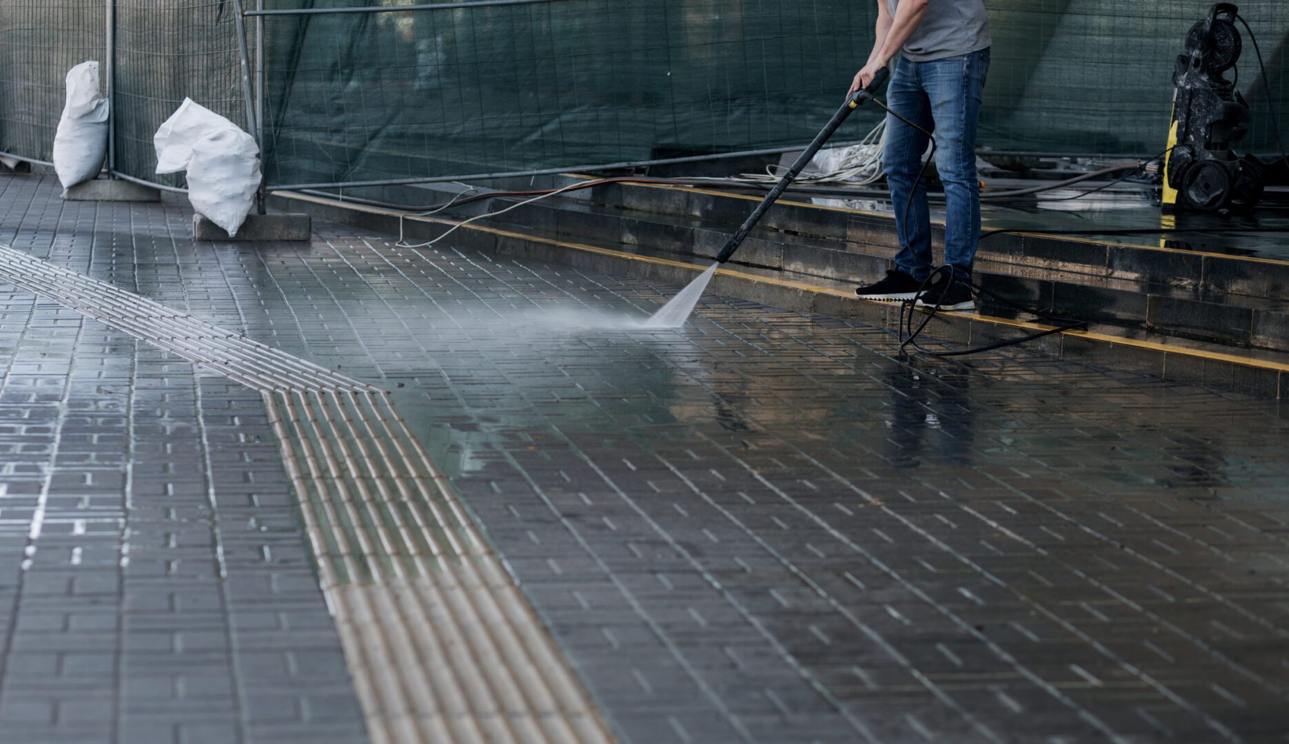 man cleaning with a pressure water jet on street. High-pressure cleaner