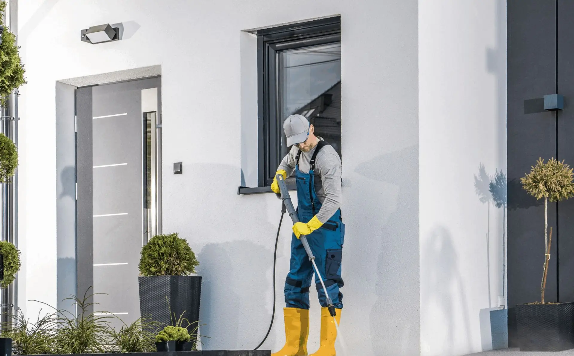 Person pressure washing outside modern white house.
